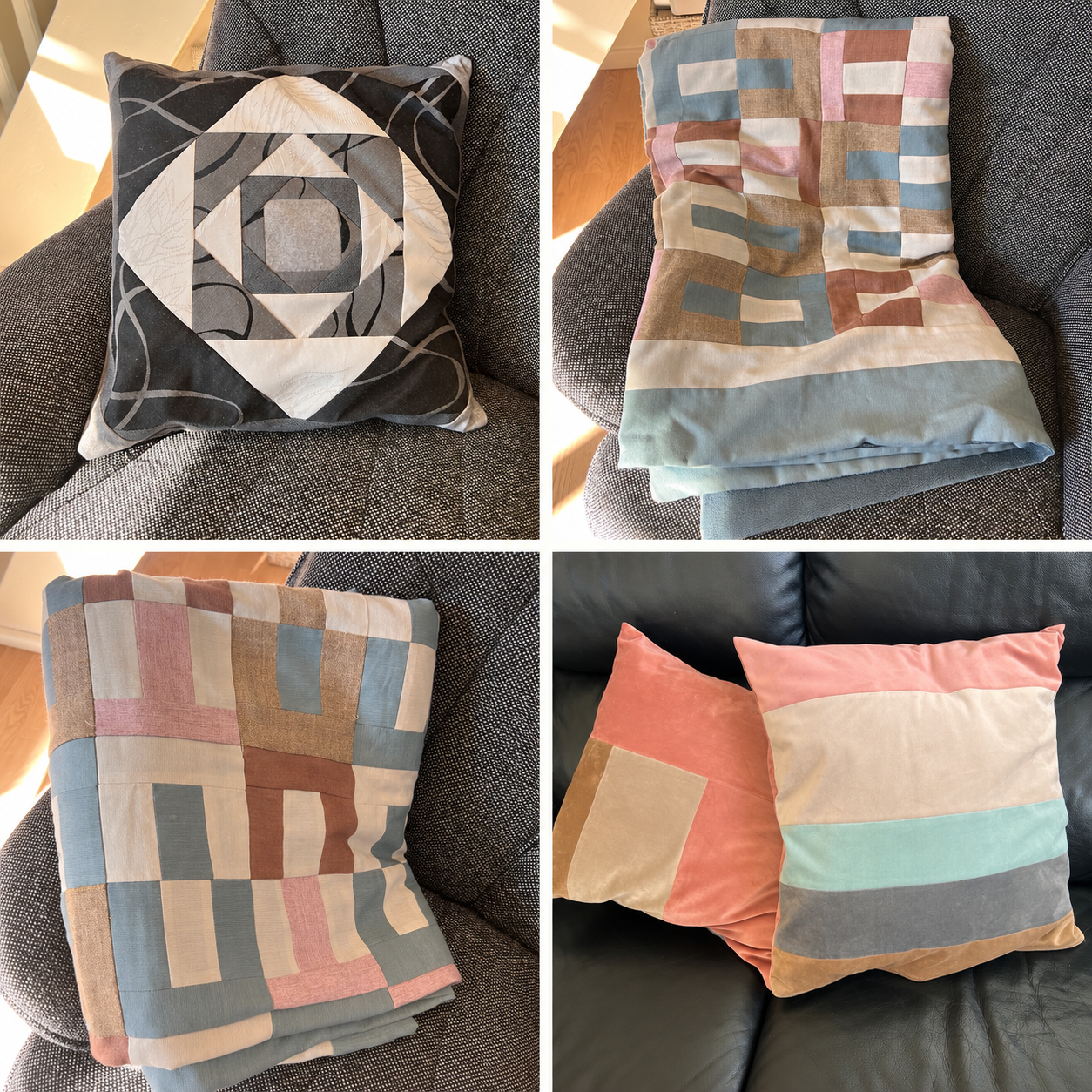 Fire fotos af puder og patchwork syet af stofrester fra gardinproduktion