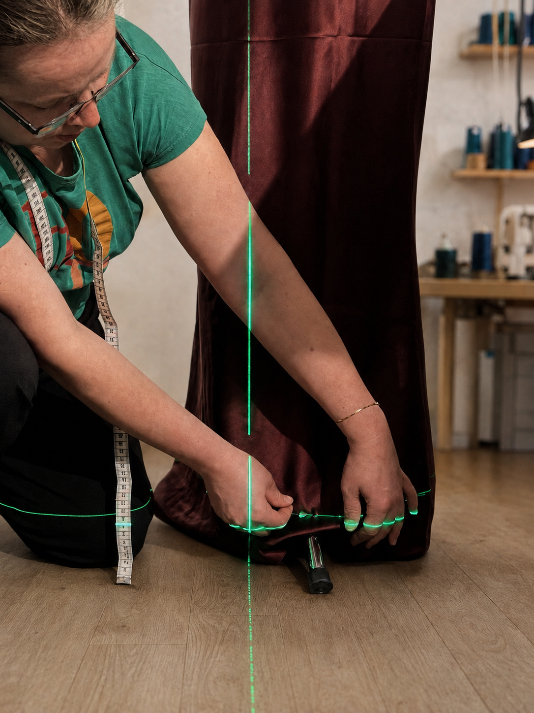 Hænder markerer den præcise længde på en kjole med laser